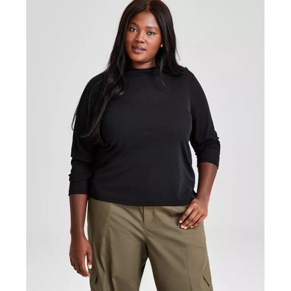 And Now This Women's Trendy Plus Size Funnel Neck Top Size 1X Black NWT